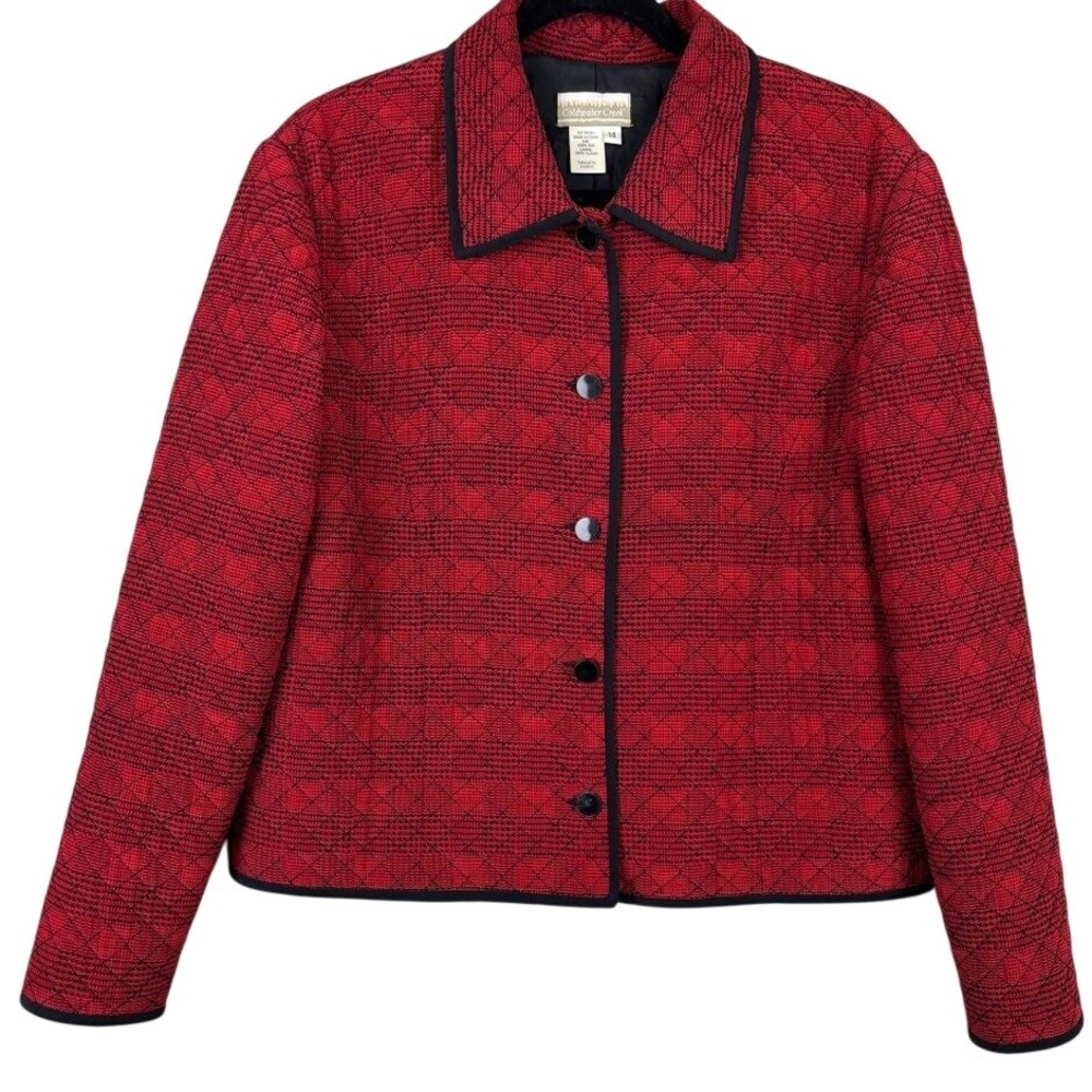 Coldwater Creek Red Black Silk‎ Jacket Women's Size 14 Quilted Button Front